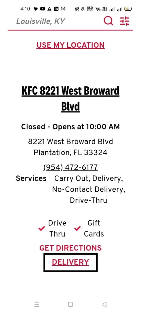 KFC Nearest Location Menu